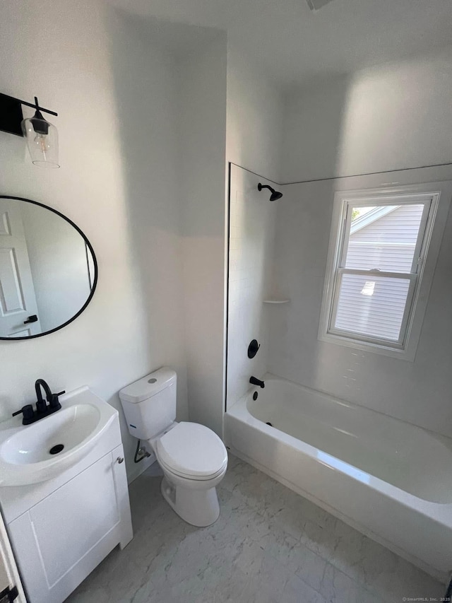 full bathroom with vanity, bathing tub / shower combination, and toilet