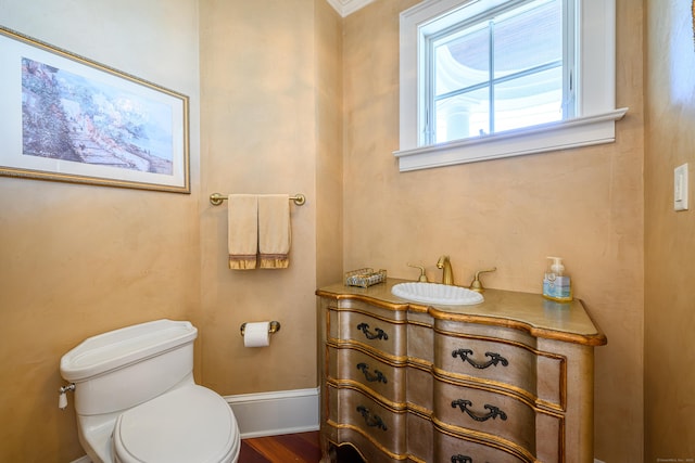 bathroom with vanity, hardwood / wood-style floors, and toilet