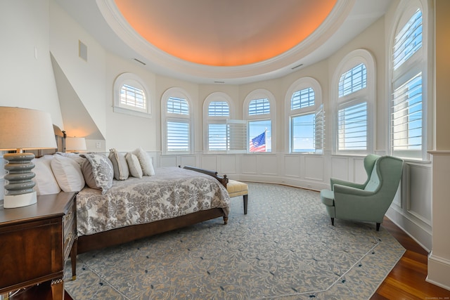 bedroom featuring a raised ceiling and dark wood-type flooring