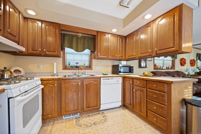 kitchen with sink, white appliances, and kitchen peninsula