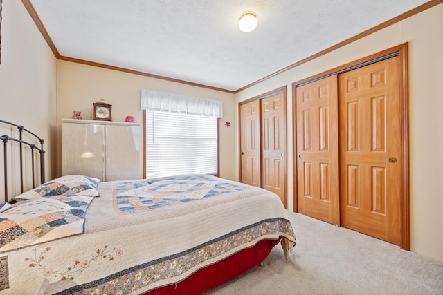 bedroom featuring multiple closets, ornamental molding, carpet, and a textured ceiling