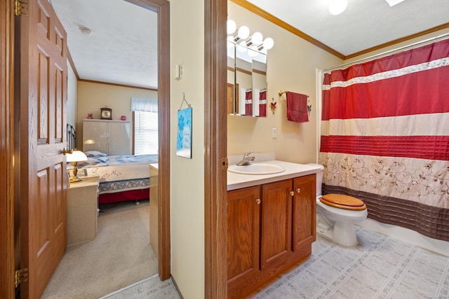 bathroom featuring a shower with curtain, ornamental molding, vanity, and toilet