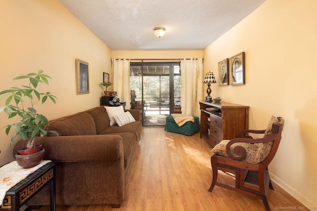 living room with a textured ceiling and light hardwood / wood-style flooring