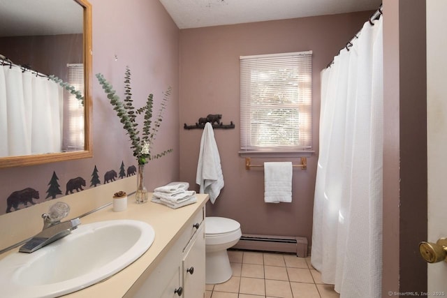 bathroom featuring baseboard heating, tile patterned flooring, vanity, a textured ceiling, and toilet