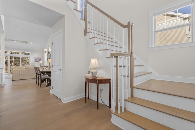 stairway featuring ceiling fan and hardwood / wood-style floors