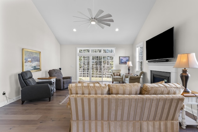 living room with high vaulted ceiling and light hardwood / wood-style floors