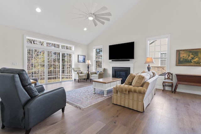 living room featuring plenty of natural light, high vaulted ceiling, and wood-type flooring