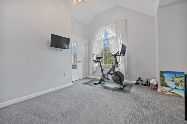 workout area featuring ceiling fan, carpet, and high vaulted ceiling