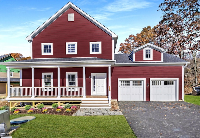 view of front of house featuring a garage, a front yard, and covered porch