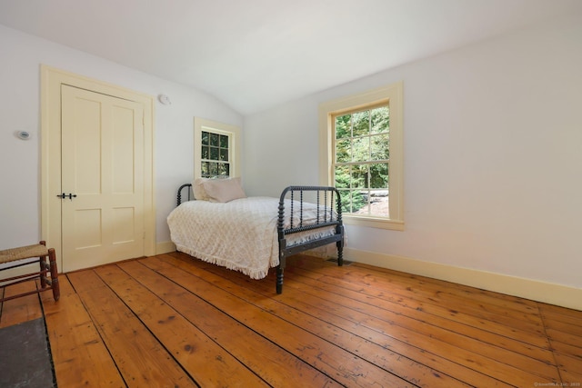 bedroom featuring lofted ceiling and wood-type flooring