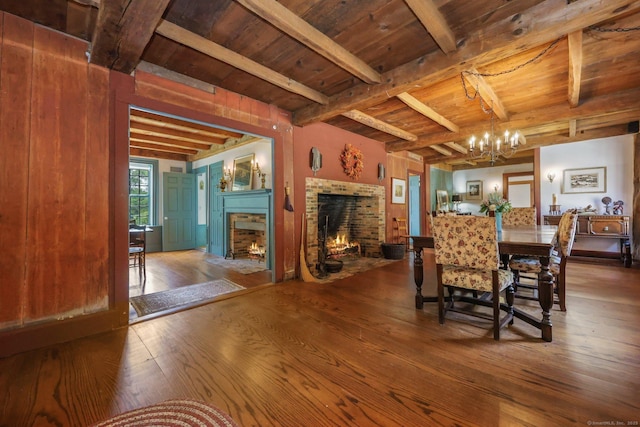 unfurnished dining area with beam ceiling, hardwood / wood-style floors, and wooden ceiling