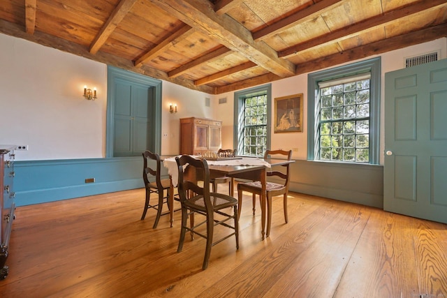 dining room featuring wood ceiling, light hardwood / wood-style floors, and beamed ceiling