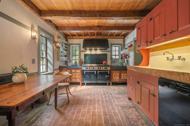 kitchen with wood ceiling, double oven range, black dishwasher, beamed ceiling, and wall chimney range hood