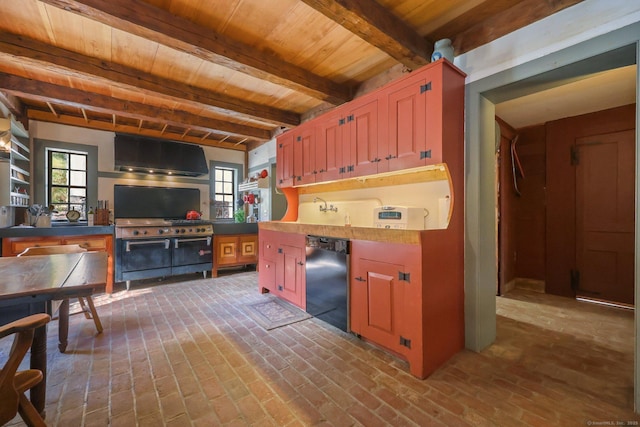 kitchen with wood ceiling, refrigerator, extractor fan, and beamed ceiling