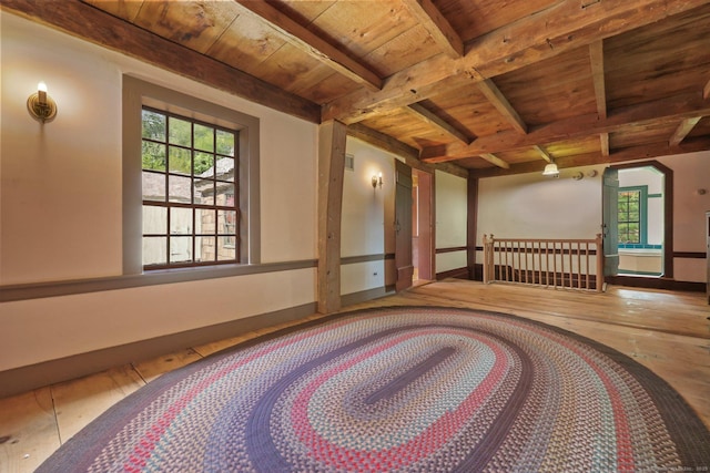 interior space with beam ceiling, wood ceiling, and light hardwood / wood-style floors