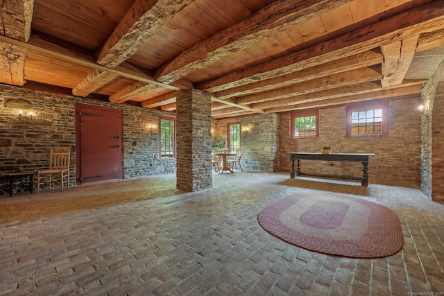 basement with brick wall and wooden ceiling