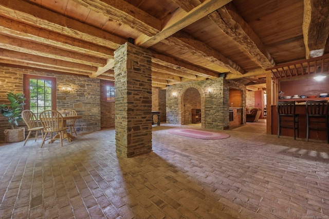 interior space with wooden ceiling and beamed ceiling