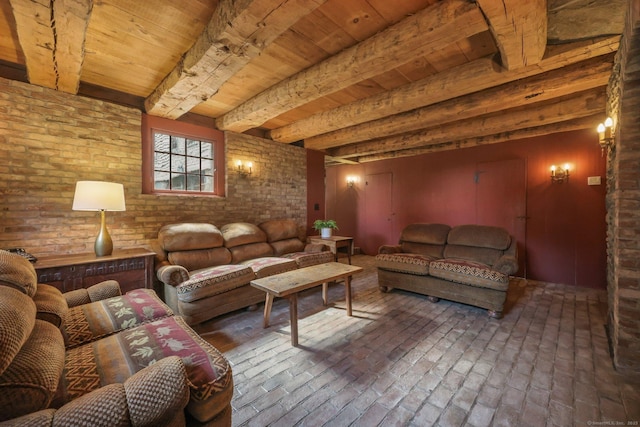 living room with brick wall, beam ceiling, and wooden ceiling