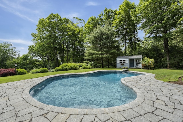 pool featuring an outbuilding, a patio, a lawn, and a storage structure