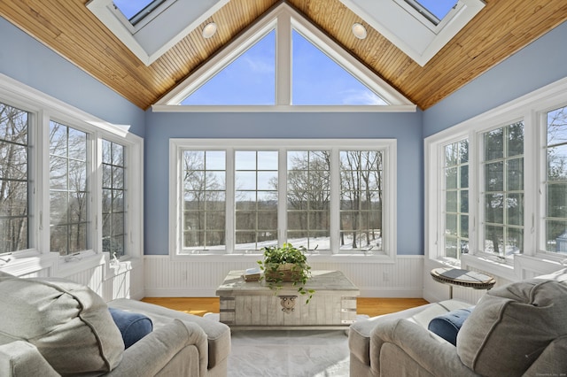 sunroom / solarium with lofted ceiling with skylight, wood ceiling, and a healthy amount of sunlight