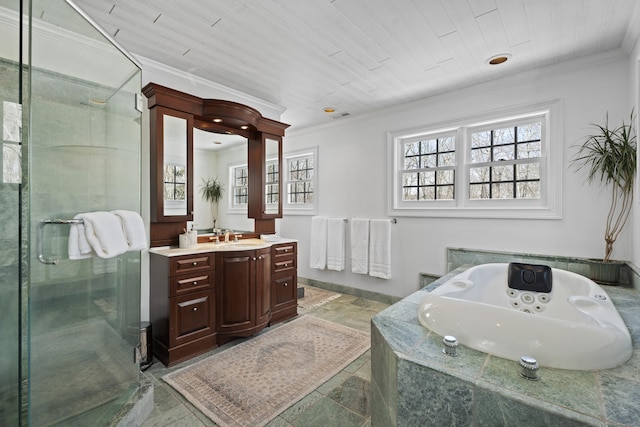 bathroom with a stall shower, wooden ceiling, a tub with jets, crown molding, and vanity