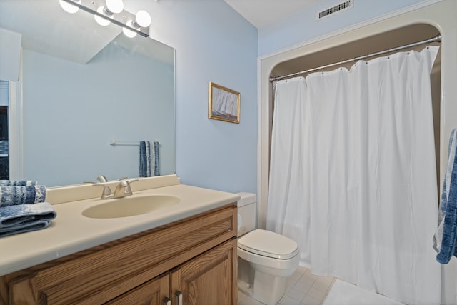 bathroom with tile patterned flooring, toilet, a shower with shower curtain, vanity, and visible vents