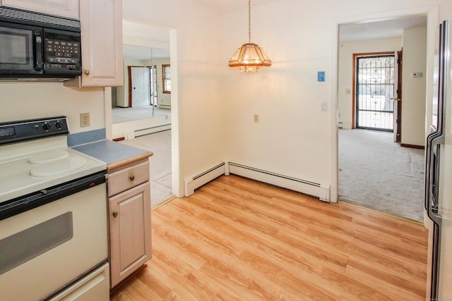 kitchen with a baseboard radiator, decorative light fixtures, light hardwood / wood-style floors, and white range with electric cooktop