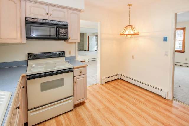 kitchen with light hardwood / wood-style flooring, decorative light fixtures, a baseboard radiator, and white electric stove