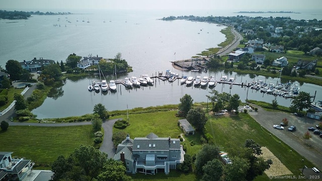 bird's eye view with a water view