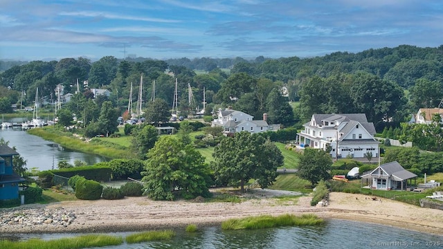 drone / aerial view featuring a water view