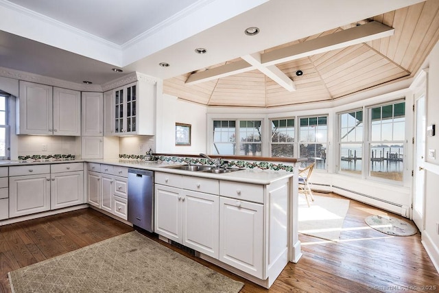 kitchen featuring white cabinetry, sink, stainless steel dishwasher, and baseboard heating