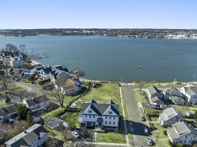 aerial view featuring a water view and a residential view
