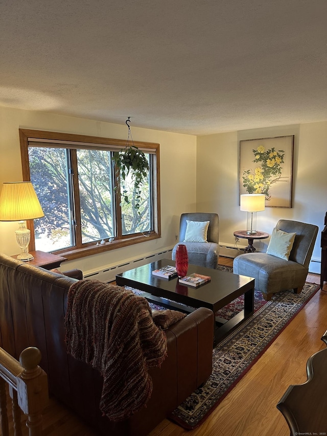 living room featuring baseboard heating and hardwood / wood-style floors