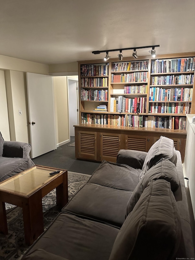 living area featuring track lighting and dark carpet