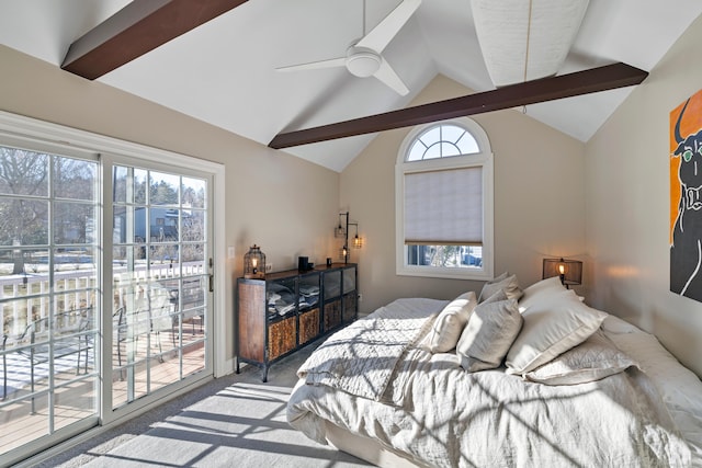 carpeted bedroom with ceiling fan, lofted ceiling, and access to exterior