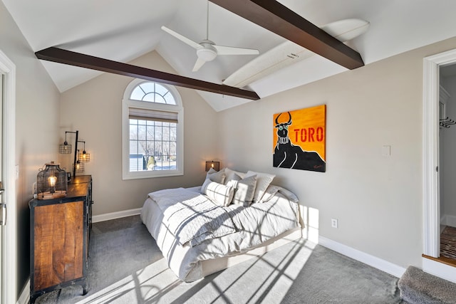 bedroom with dark colored carpet, vaulted ceiling with beams, and ceiling fan