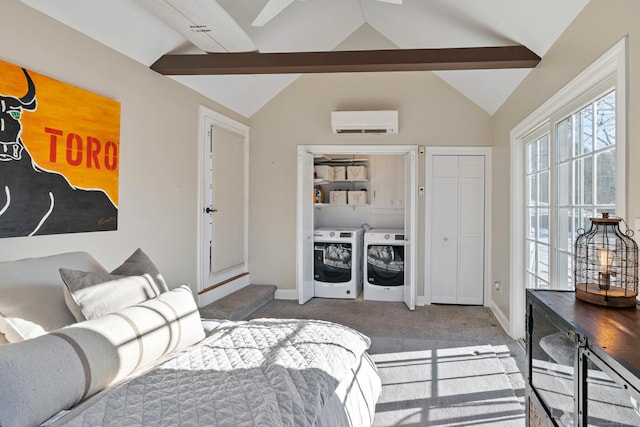 carpeted bedroom featuring lofted ceiling with beams, a wall unit AC, and washer and dryer