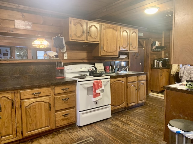 kitchen with sink, ornamental molding, white electric stove, and dark hardwood / wood-style floors