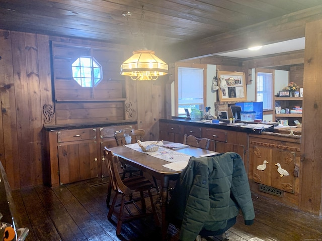 dining space with dark wood-type flooring, wooden ceiling, and wooden walls