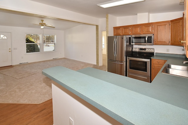 kitchen featuring sink, stainless steel appliances, ceiling fan, and light wood-type flooring