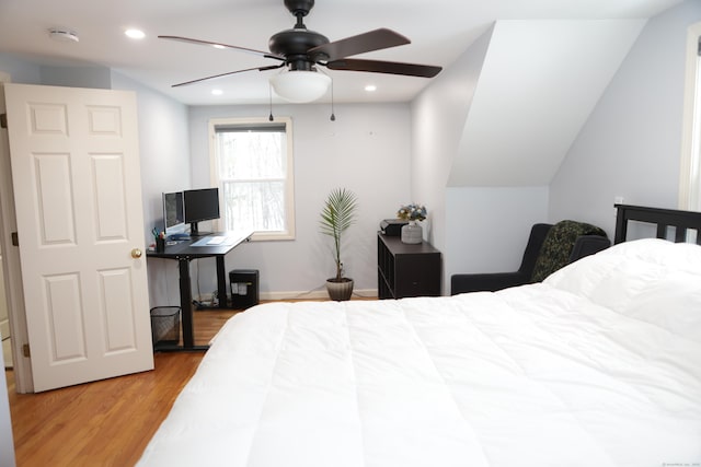 bedroom featuring ceiling fan and wood-type flooring