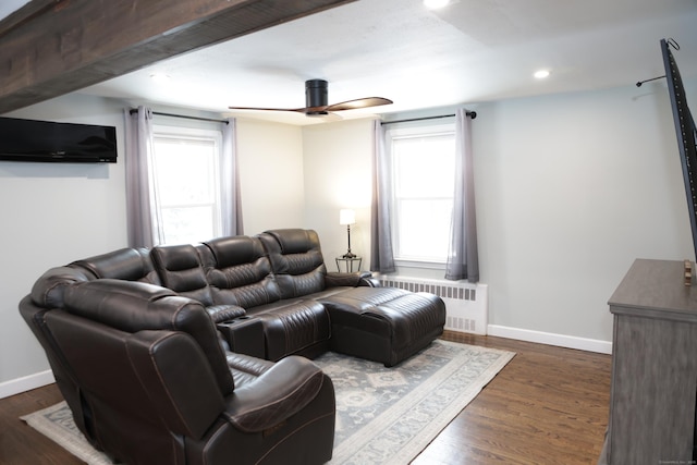 living room featuring radiator, ceiling fan, and dark wood-type flooring