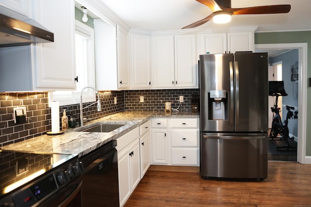 kitchen with white cabinetry, black dishwasher, stainless steel refrigerator with ice dispenser, and electric range oven