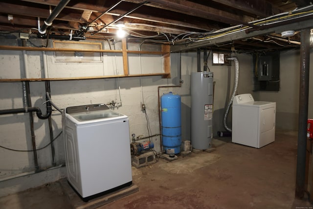 basement featuring water heater and electric panel