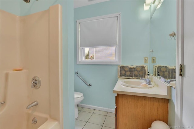 full bathroom featuring vanity, tub / shower combination, tile patterned floors, and toilet