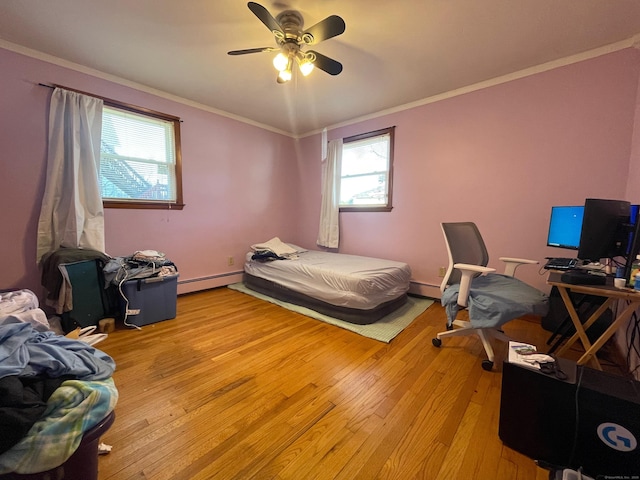 bedroom with crown molding, a baseboard radiator, ceiling fan, and light hardwood / wood-style floors