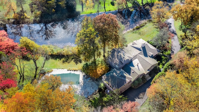 drone / aerial view featuring a water view