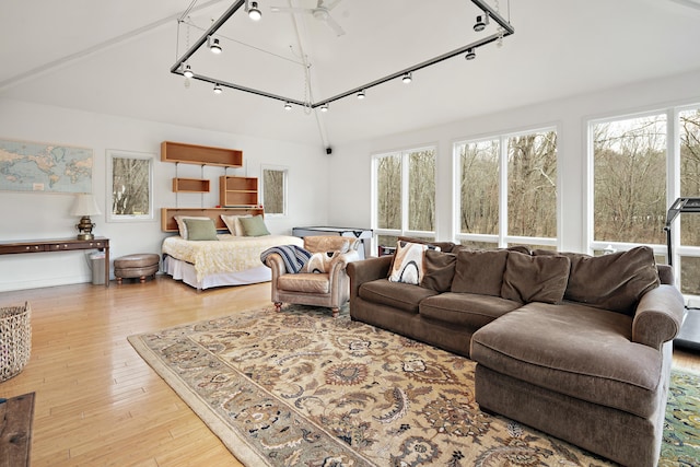 bedroom with multiple windows, wood-type flooring, track lighting, and high vaulted ceiling