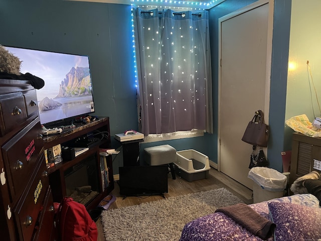 cinema room featuring wood finished floors and baseboards