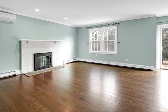 unfurnished living room featuring crown molding, a brick fireplace, a baseboard heating unit, and plenty of natural light